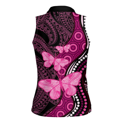 Think Pink Breast Cancer Support Women Sleeveless Polo Shirt Butterfly Aboriginal Mix Polynesian Pattern
