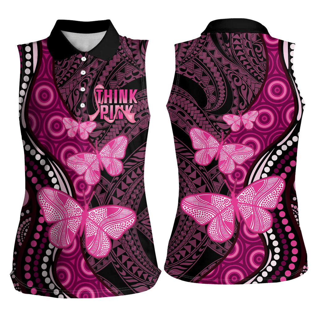 Think Pink Breast Cancer Support Women Sleeveless Polo Shirt Butterfly Aboriginal Mix Polynesian Pattern