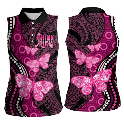 Think Pink Breast Cancer Support Women Sleeveless Polo Shirt Butterfly Aboriginal Mix Polynesian Pattern