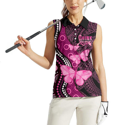 Think Pink Breast Cancer Support Women Sleeveless Polo Shirt Butterfly Aboriginal Mix Polynesian Pattern