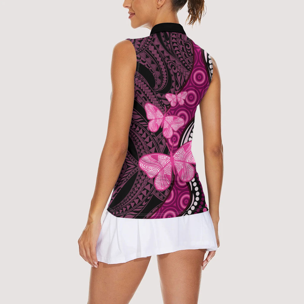 Think Pink Breast Cancer Support Women Sleeveless Polo Shirt Butterfly Aboriginal Mix Polynesian Pattern