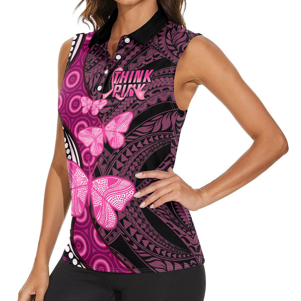 Think Pink Breast Cancer Support Women Sleeveless Polo Shirt Butterfly Aboriginal Mix Polynesian Pattern