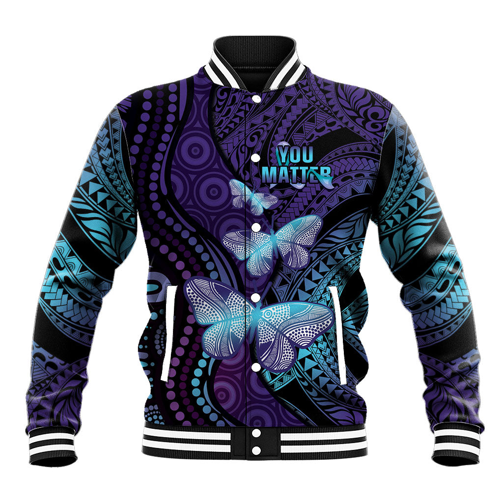 You Matter Suicide Prevention Baseball Jacket Butterfly Aboriginal Mix Polynesian Pattern