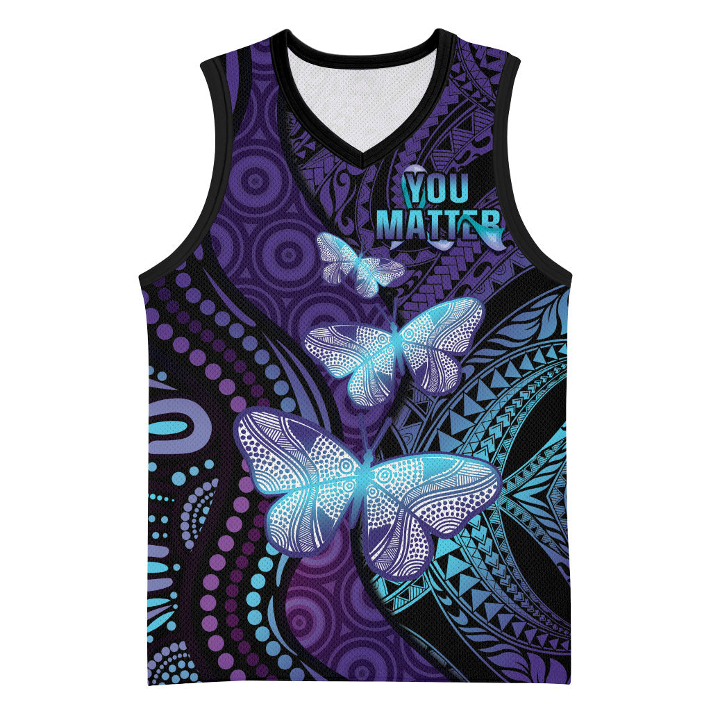 You Matter Suicide Prevention Basketball Jersey Butterfly Aboriginal Mix Polynesian Pattern