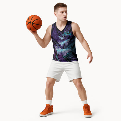 You Matter Suicide Prevention Basketball Jersey Butterfly Aboriginal Mix Polynesian Pattern