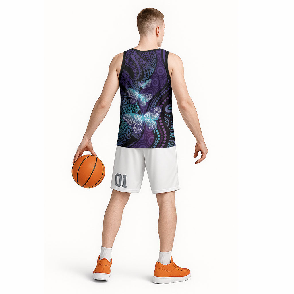 You Matter Suicide Prevention Basketball Jersey Butterfly Aboriginal Mix Polynesian Pattern