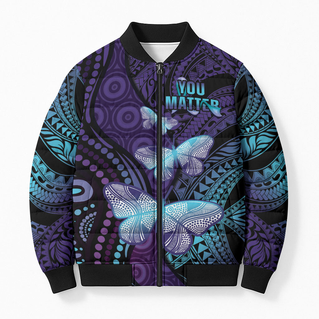 You Matter Suicide Prevention Bomber Puffer Jacket Butterfly Aboriginal Mix Polynesian Pattern