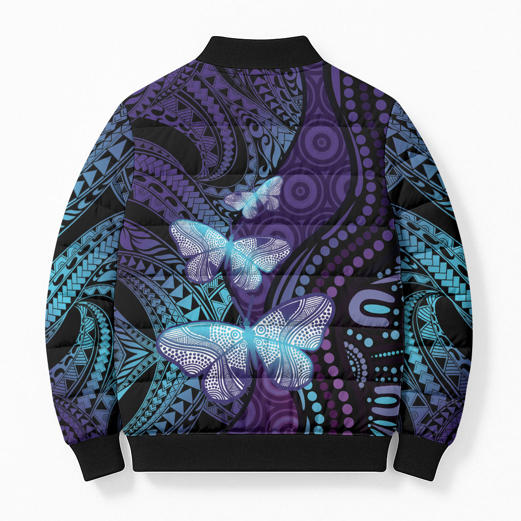 You Matter Suicide Prevention Bomber Puffer Jacket Butterfly Aboriginal Mix Polynesian Pattern