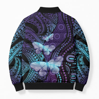 You Matter Suicide Prevention Bomber Puffer Jacket Butterfly Aboriginal Mix Polynesian Pattern