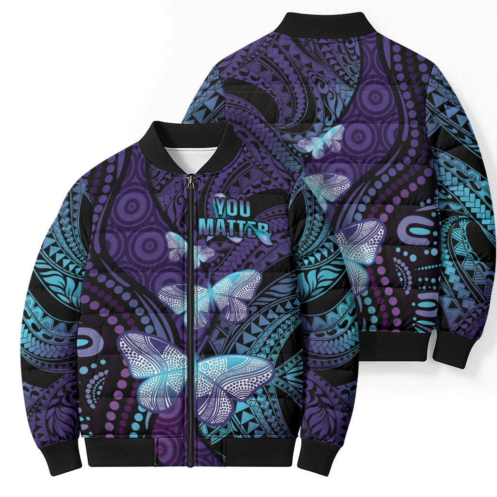 You Matter Suicide Prevention Bomber Puffer Jacket Butterfly Aboriginal Mix Polynesian Pattern