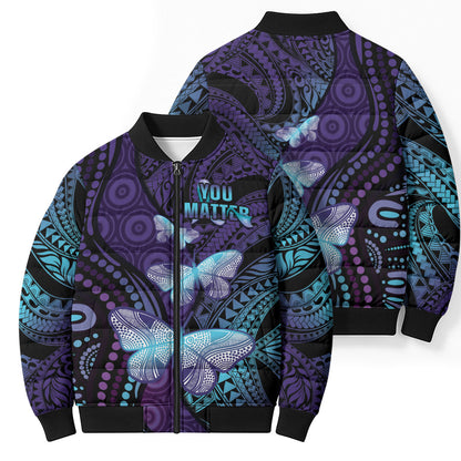 You Matter Suicide Prevention Bomber Puffer Jacket Butterfly Aboriginal Mix Polynesian Pattern