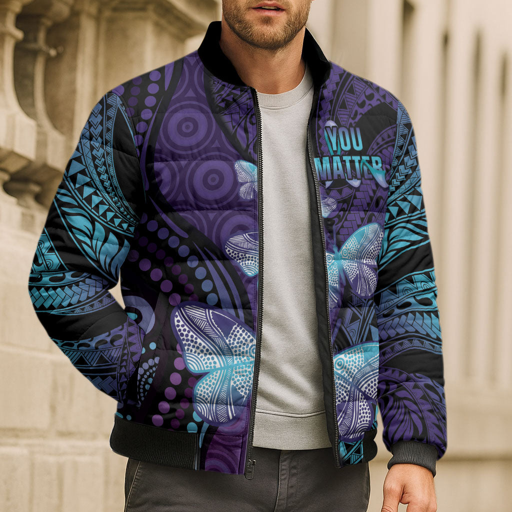 You Matter Suicide Prevention Bomber Puffer Jacket Butterfly Aboriginal Mix Polynesian Pattern