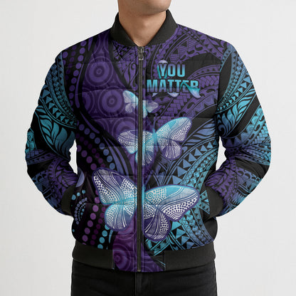 You Matter Suicide Prevention Bomber Puffer Jacket Butterfly Aboriginal Mix Polynesian Pattern