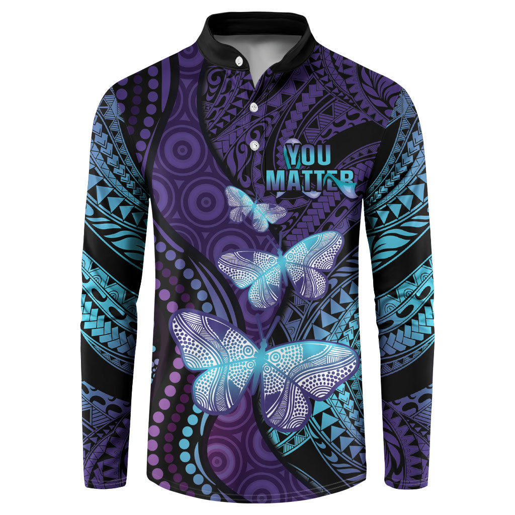You Matter Suicide Prevention Button Sweatshirt Butterfly Aboriginal Mix Polynesian Pattern