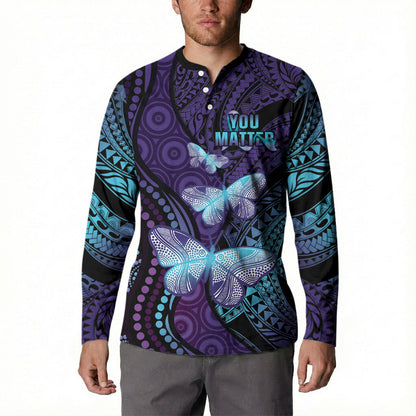 You Matter Suicide Prevention Button Sweatshirt Butterfly Aboriginal Mix Polynesian Pattern