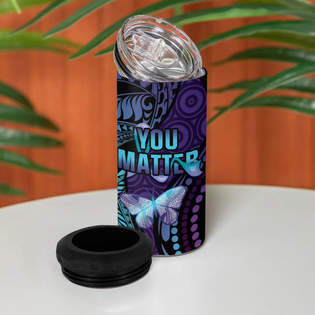 You Matter Suicide Prevention 4 in 1 Can Cooler Tumbler Butterfly Aboriginal Mix Polynesian Pattern