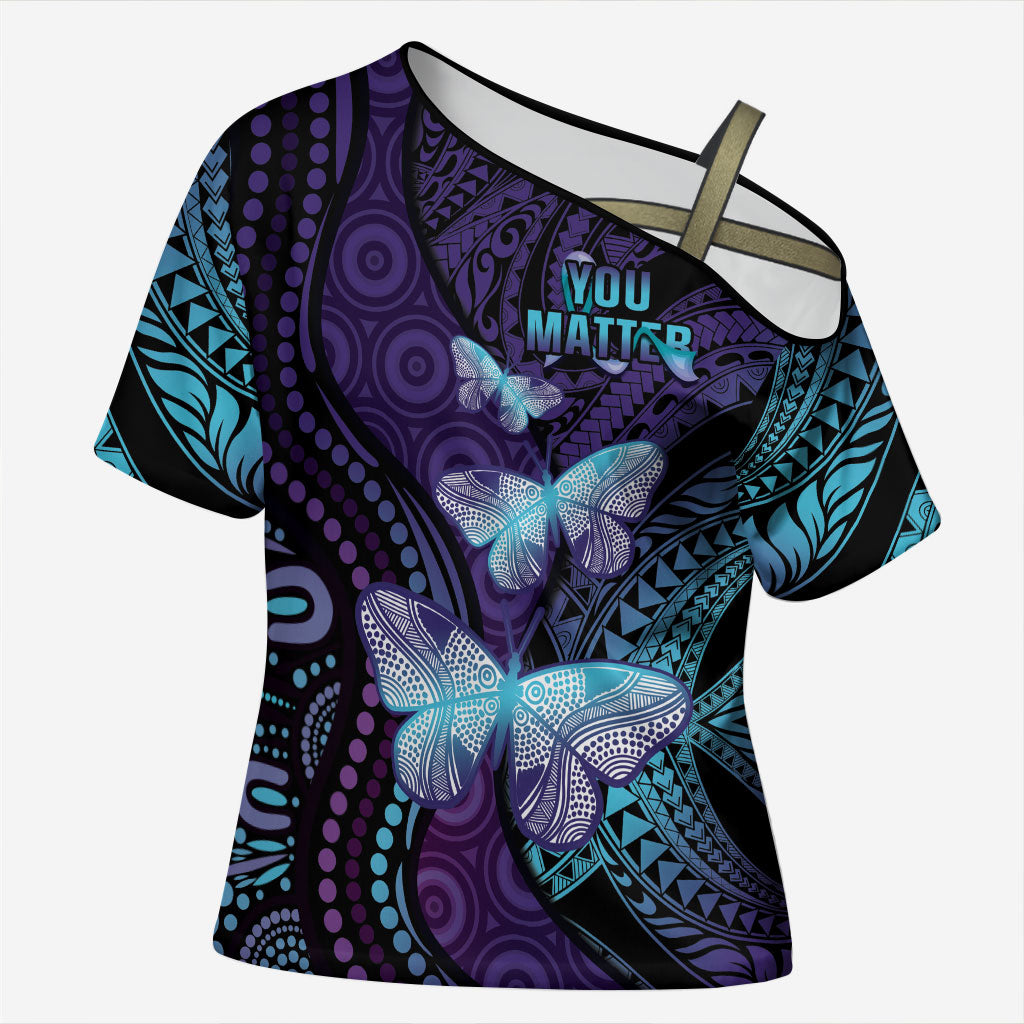 You Matter Suicide Prevention Cross Shoulder Shirt Butterfly Aboriginal Mix Polynesian Pattern