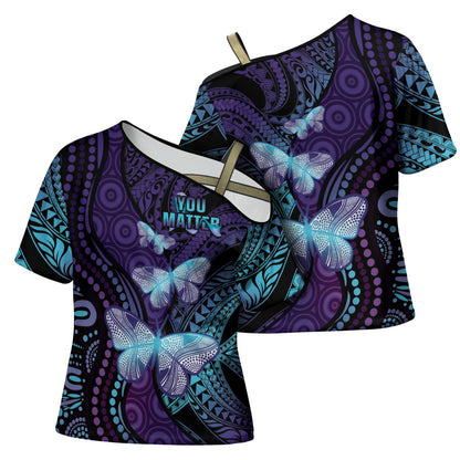 You Matter Suicide Prevention Cross Shoulder Shirt Butterfly Aboriginal Mix Polynesian Pattern
