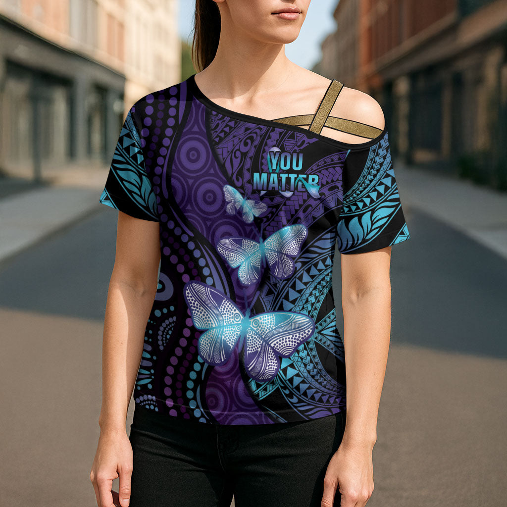You Matter Suicide Prevention Cross Shoulder Shirt Butterfly Aboriginal Mix Polynesian Pattern