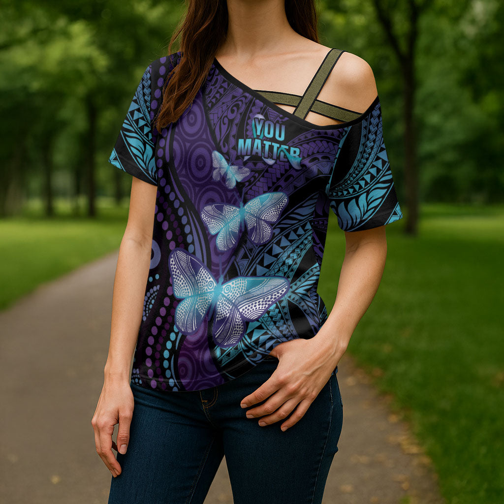 You Matter Suicide Prevention Cross Shoulder Shirt Butterfly Aboriginal Mix Polynesian Pattern