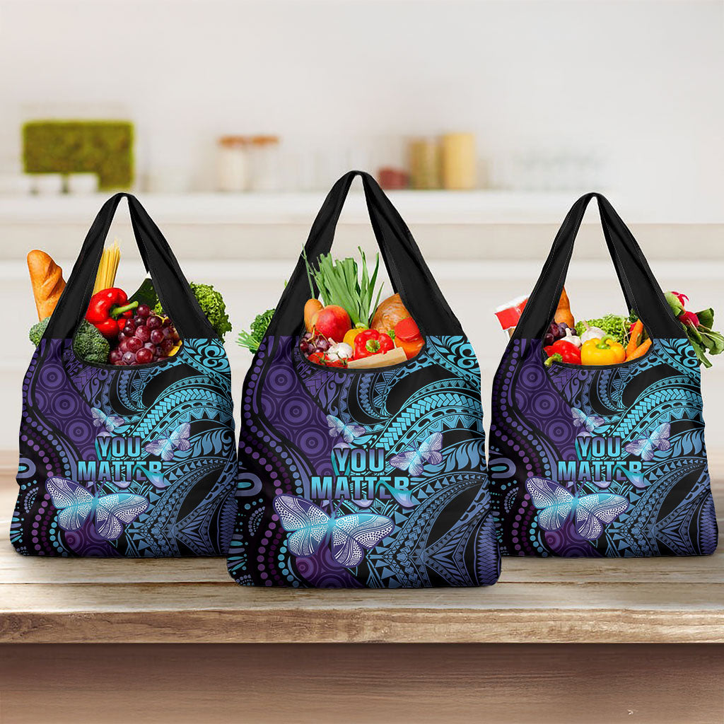 You Matter Suicide Prevention Grocery Bag Butterfly Aboriginal Mix Polynesian Pattern