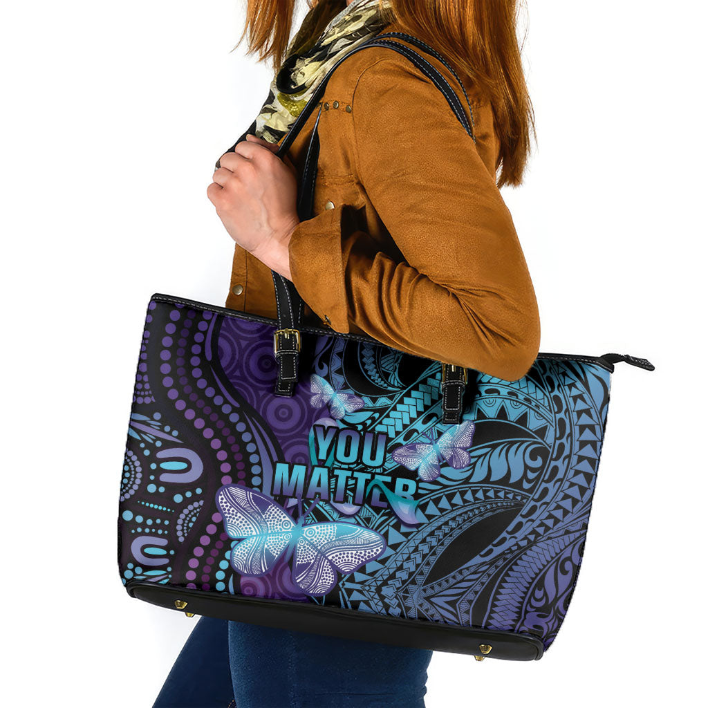 You Matter Suicide Prevention Leather Tote Bag Butterfly Aboriginal Mix Polynesian Pattern