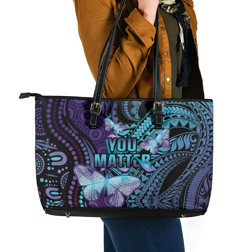 You Matter Suicide Prevention Leather Tote Bag Butterfly Aboriginal Mix Polynesian Pattern