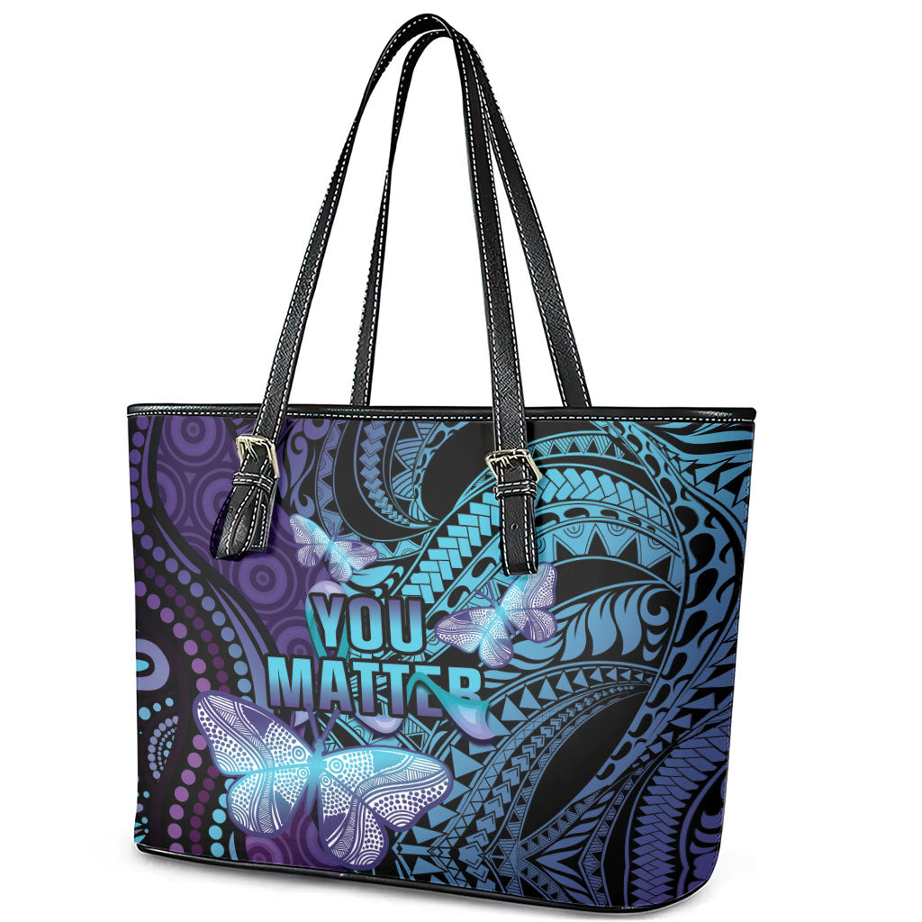 You Matter Suicide Prevention Leather Tote Bag Butterfly Aboriginal Mix Polynesian Pattern