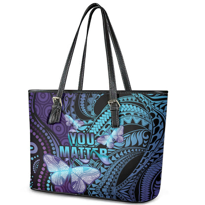 You Matter Suicide Prevention Leather Tote Bag Butterfly Aboriginal Mix Polynesian Pattern