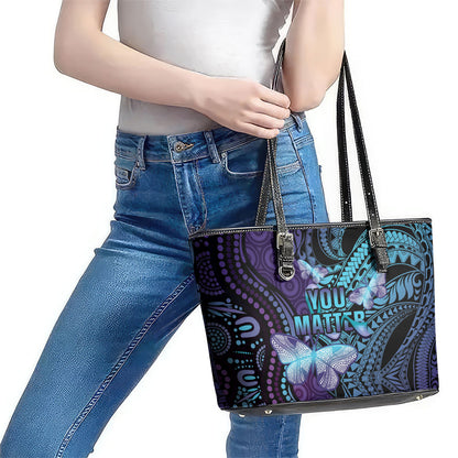You Matter Suicide Prevention Leather Tote Bag Butterfly Aboriginal Mix Polynesian Pattern