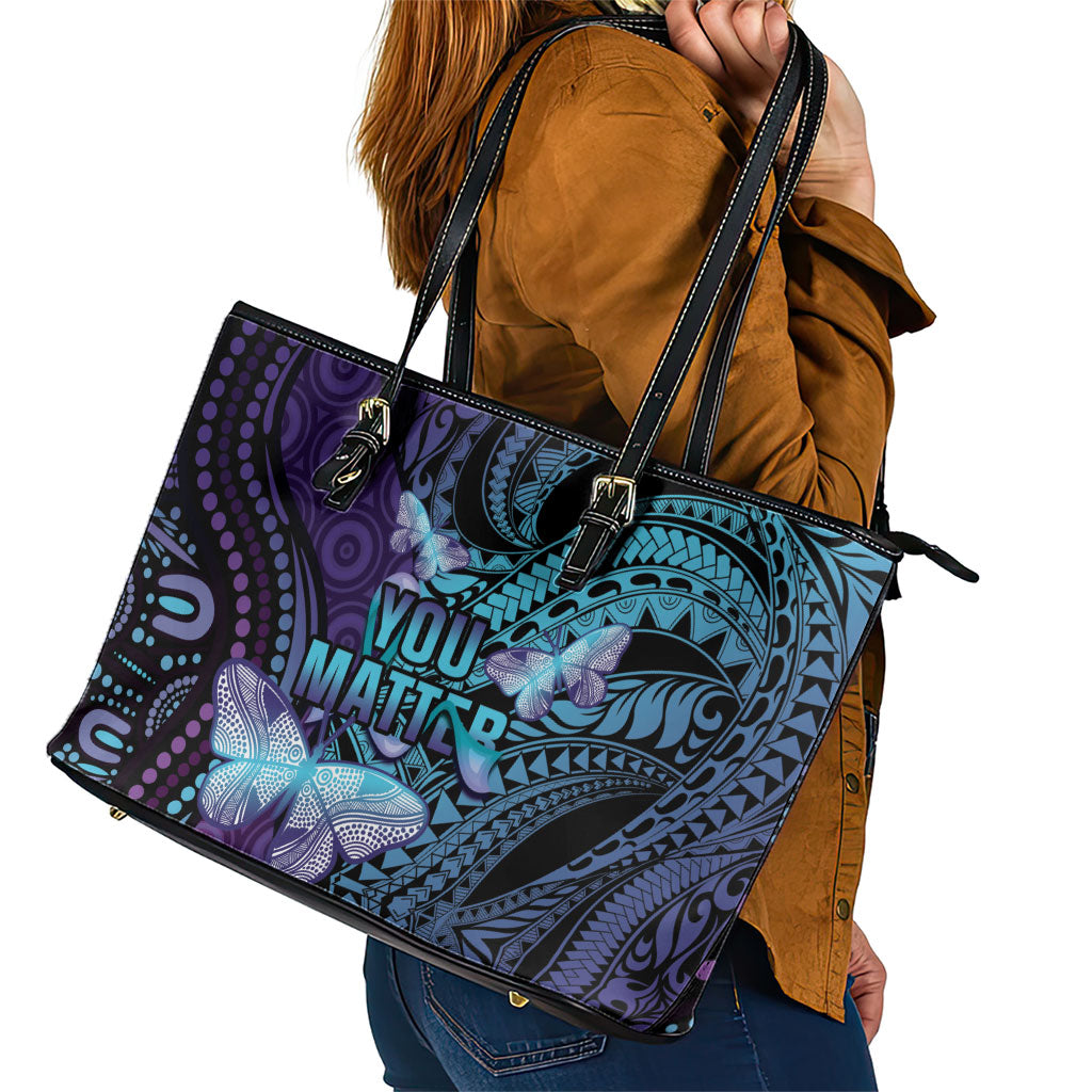 You Matter Suicide Prevention Leather Tote Bag Butterfly Aboriginal Mix Polynesian Pattern