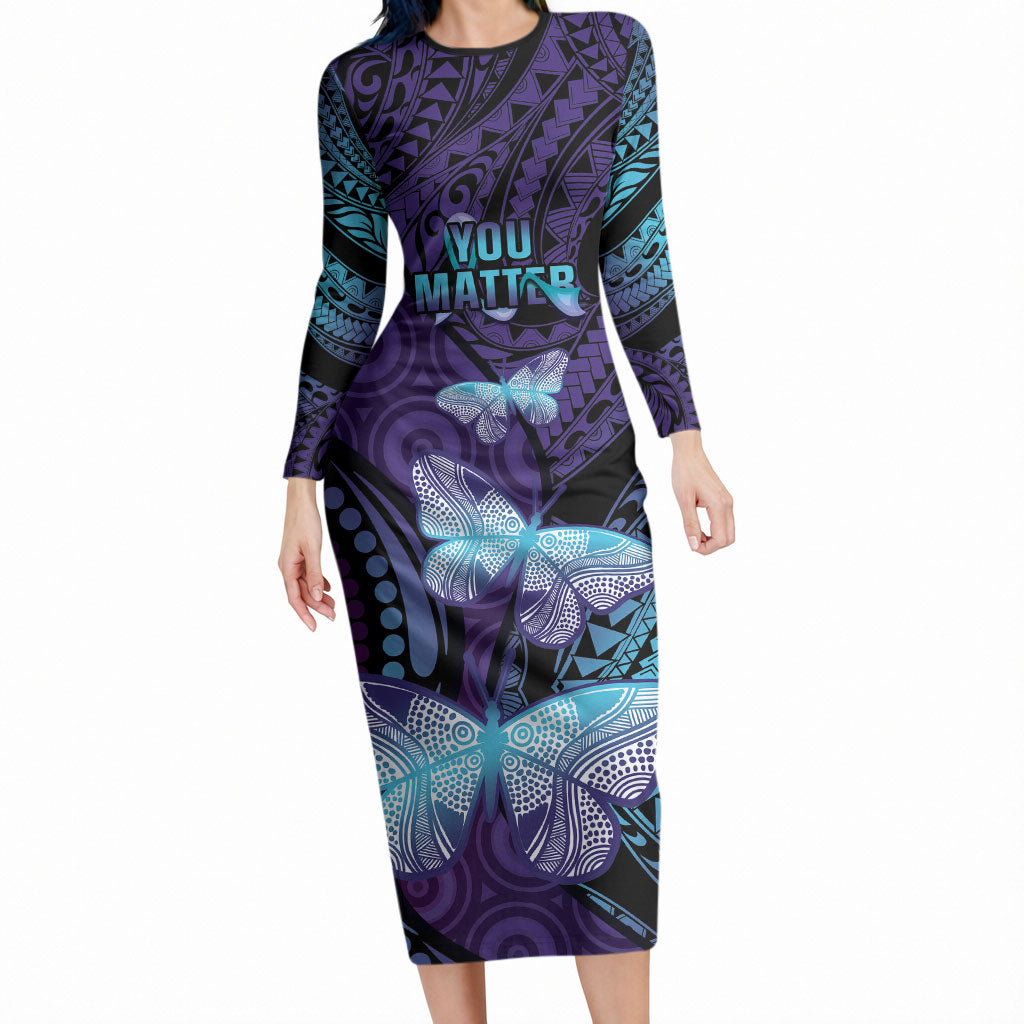 You Matter Suicide Prevention Long Sleeve Bodycon Dress Butterfly Aboriginal Mix Polynesian Pattern
