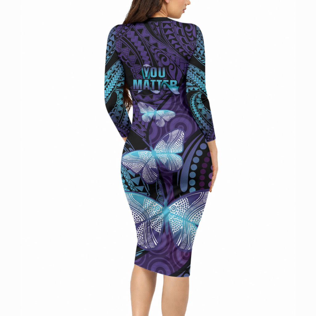 You Matter Suicide Prevention Long Sleeve Bodycon Dress Butterfly Aboriginal Mix Polynesian Pattern