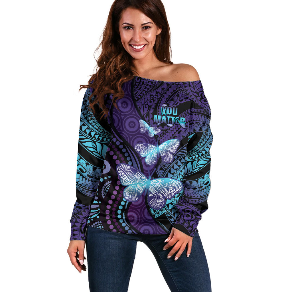 You Matter Suicide Prevention Off Shoulder Sweater Butterfly Aboriginal Mix Polynesian Pattern