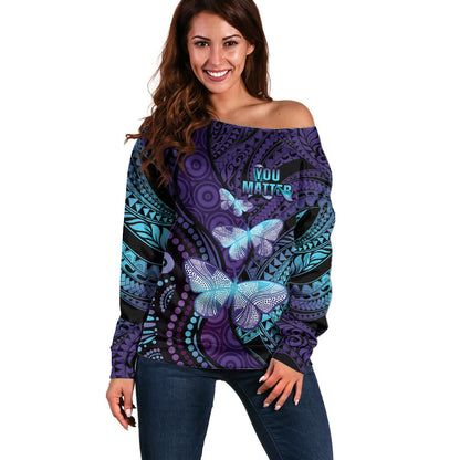 You Matter Suicide Prevention Off Shoulder Sweater Butterfly Aboriginal Mix Polynesian Pattern