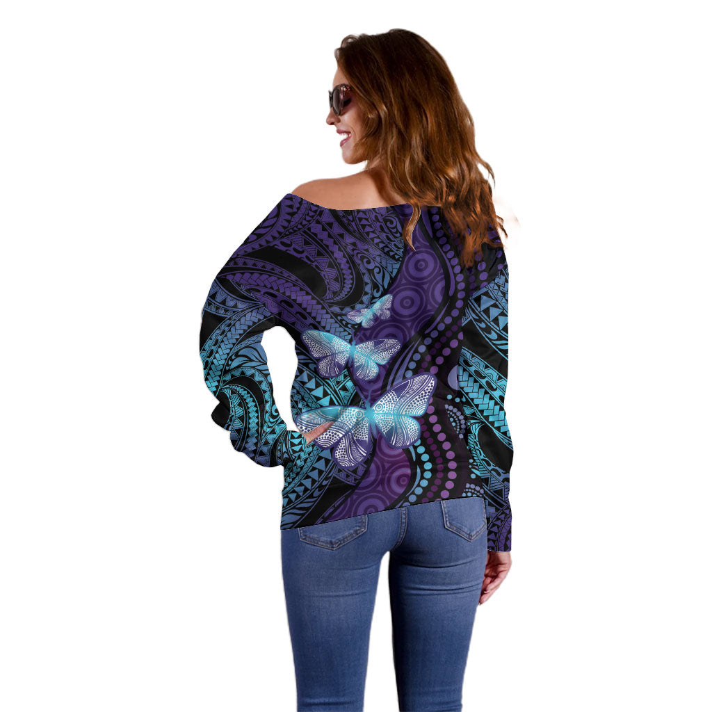 You Matter Suicide Prevention Off Shoulder Sweater Butterfly Aboriginal Mix Polynesian Pattern
