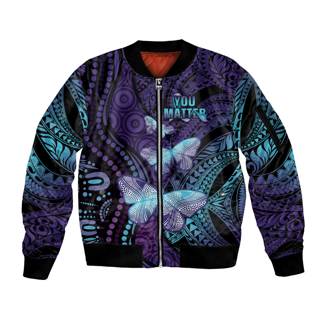 You Matter Suicide Prevention Sleeve Zip Bomber Jacket Butterfly Aboriginal Mix Polynesian Pattern