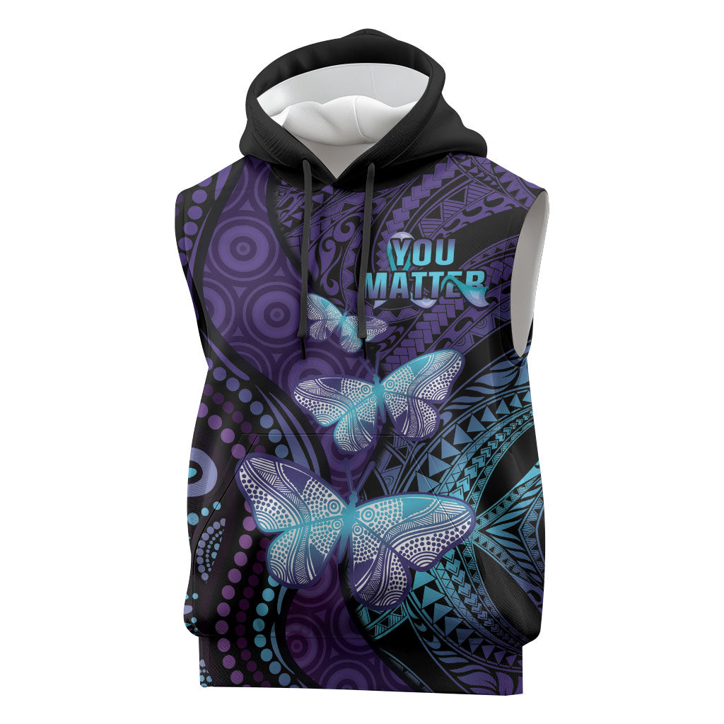 You Matter Suicide Prevention Sleeveless Hoodie Butterfly Aboriginal Mix Polynesian Pattern