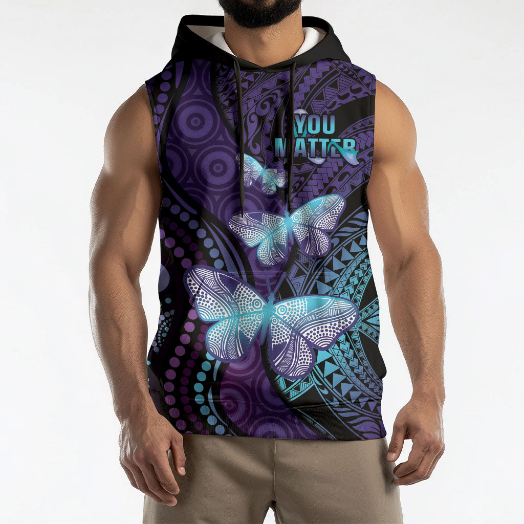 You Matter Suicide Prevention Sleeveless Hoodie Butterfly Aboriginal Mix Polynesian Pattern