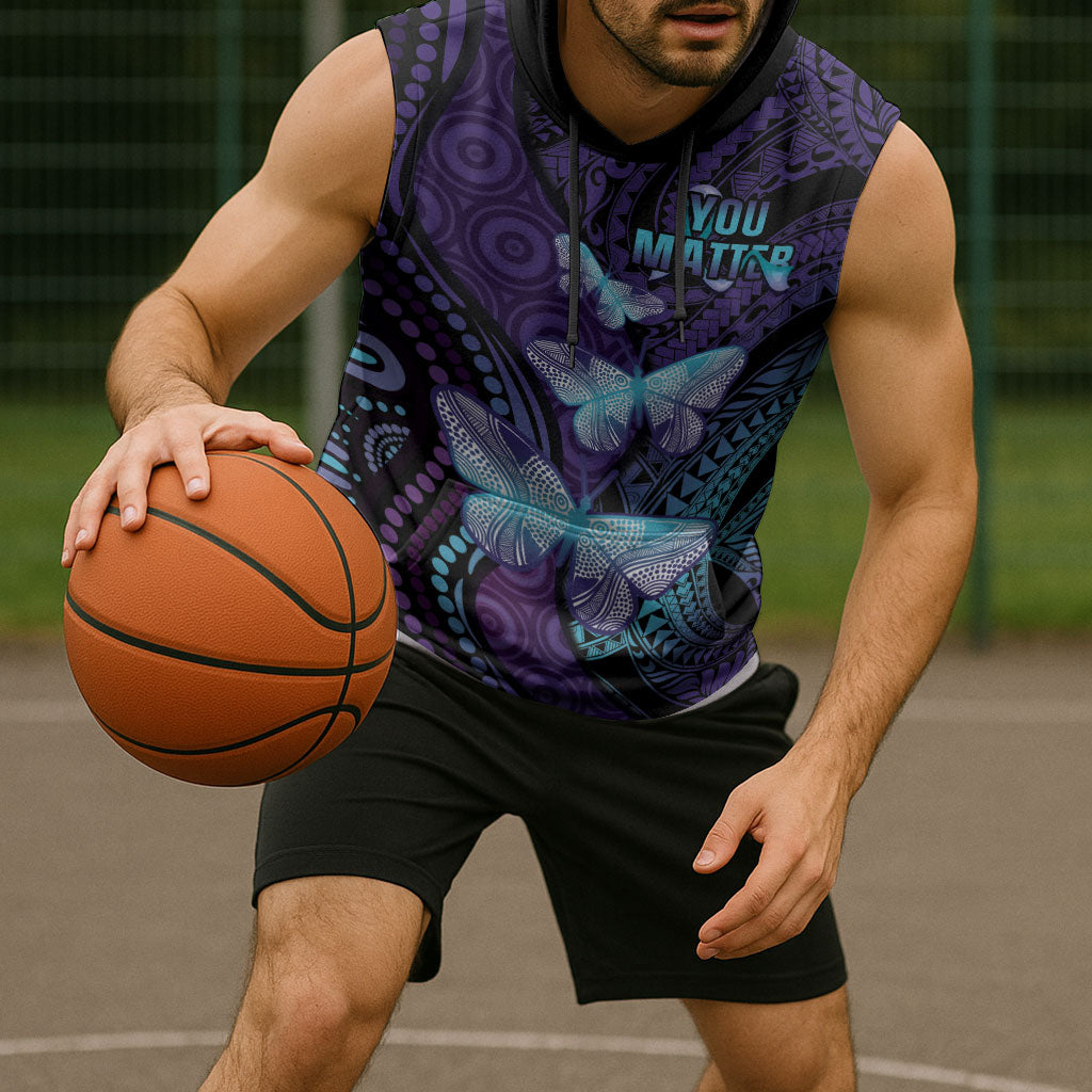 You Matter Suicide Prevention Sleeveless Hoodie Butterfly Aboriginal Mix Polynesian Pattern