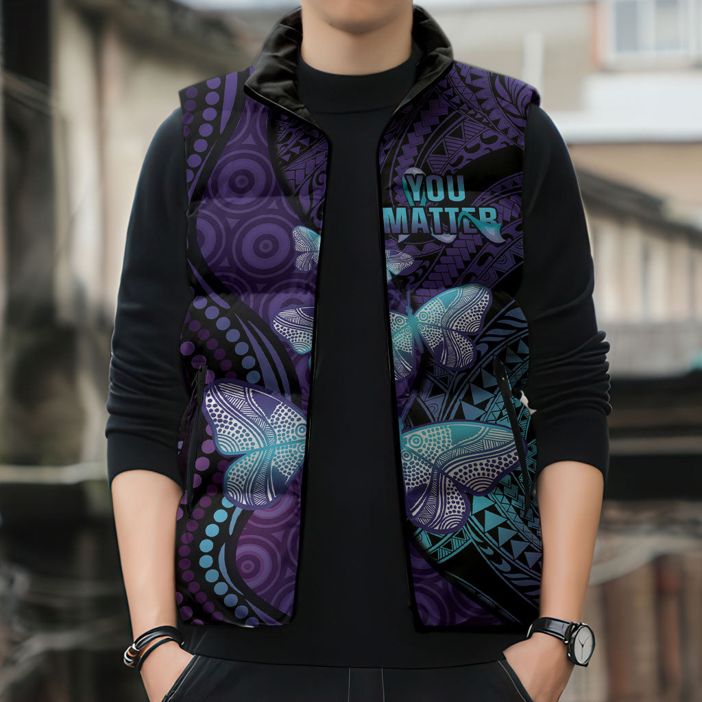 You Matter Suicide Prevention Sleeveless Puffer Jacket Butterfly Aboriginal Mix Polynesian Pattern