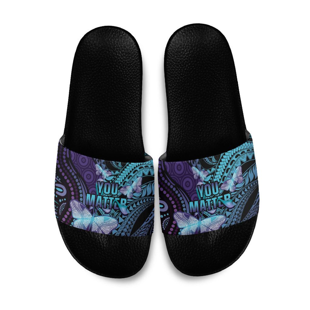 You Matter Suicide Prevention Slide Sandals Butterfly Aboriginal Mix Polynesian Pattern