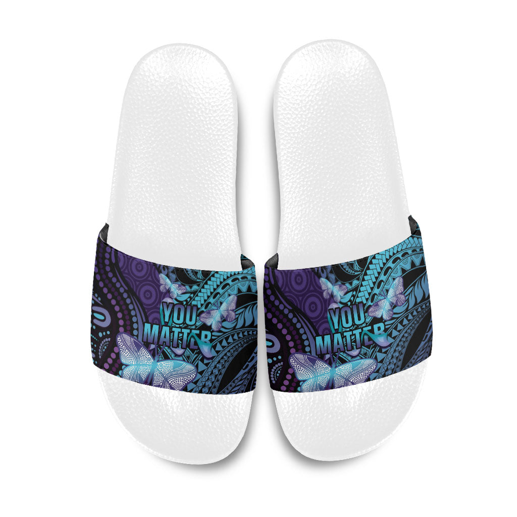 You Matter Suicide Prevention Slide Sandals Butterfly Aboriginal Mix Polynesian Pattern