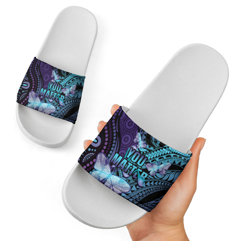 You Matter Suicide Prevention Slide Sandals Butterfly Aboriginal Mix Polynesian Pattern
