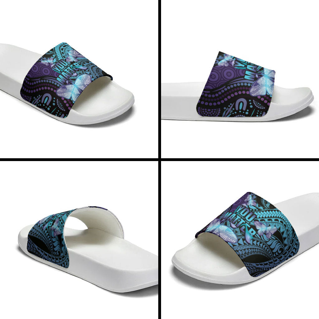 You Matter Suicide Prevention Slide Sandals Butterfly Aboriginal Mix Polynesian Pattern