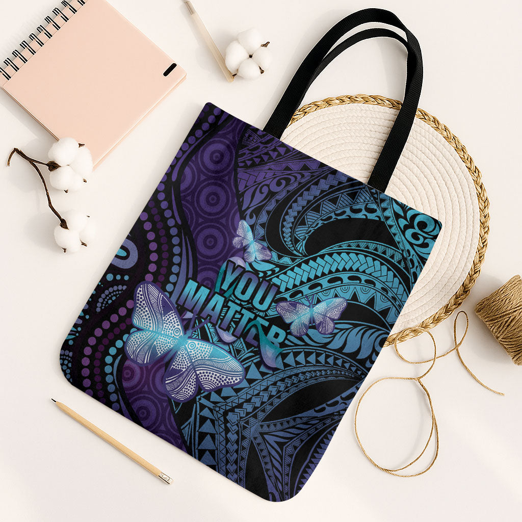You Matter Suicide Prevention Tote Bag Butterfly Aboriginal Mix Polynesian Pattern