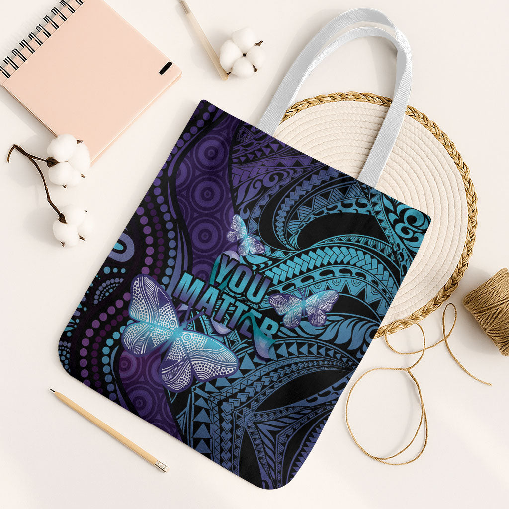 You Matter Suicide Prevention Tote Bag Butterfly Aboriginal Mix Polynesian Pattern