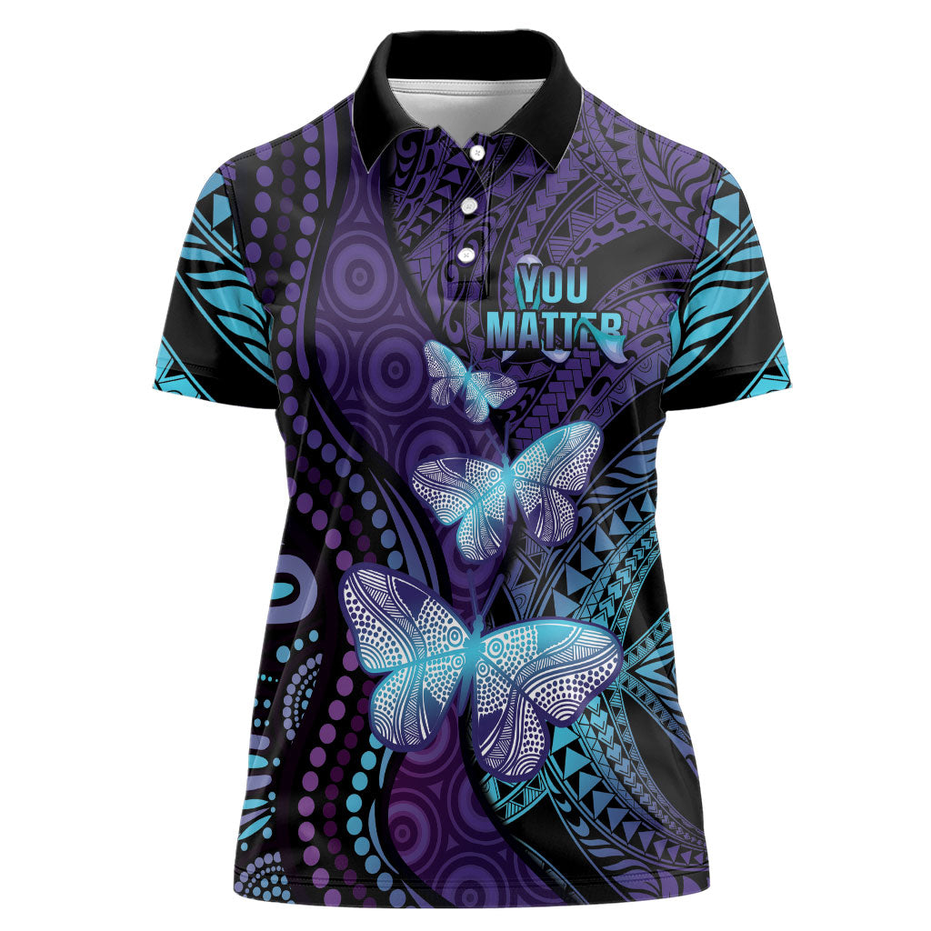 You Matter Suicide Prevention Women Polo Shirt Butterfly Aboriginal Mix Polynesian Pattern