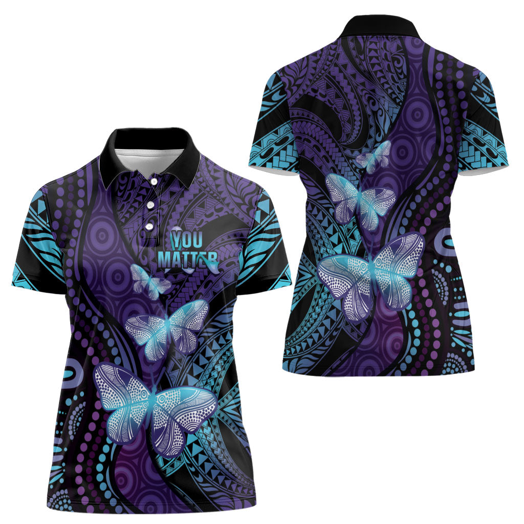 You Matter Suicide Prevention Women Polo Shirt Butterfly Aboriginal Mix Polynesian Pattern