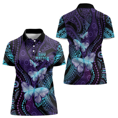 You Matter Suicide Prevention Women Polo Shirt Butterfly Aboriginal Mix Polynesian Pattern